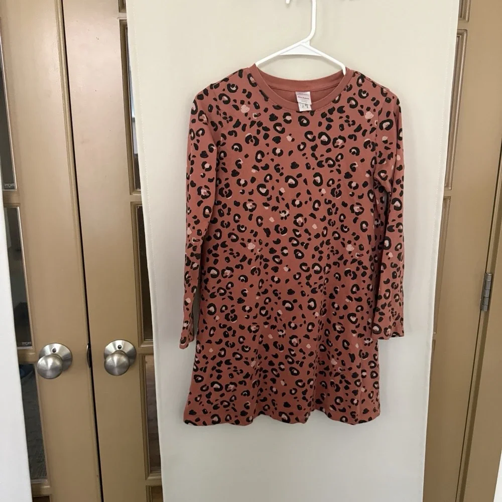 Hanna Anderson Girls 12/150 cm Leopard Print Long Sleeve T-Shirt Dress Crewneck